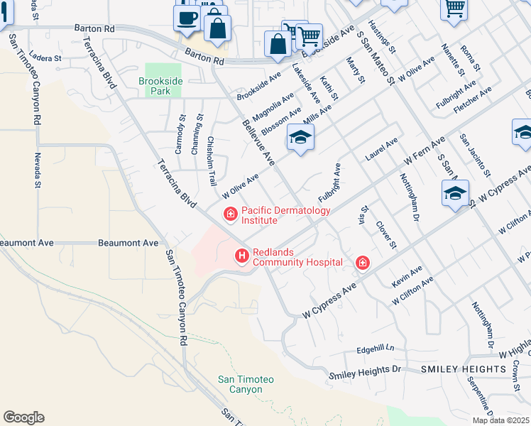 map of restaurants, bars, coffee shops, grocery stores, and more near 1618 Laurel Avenue in Redlands