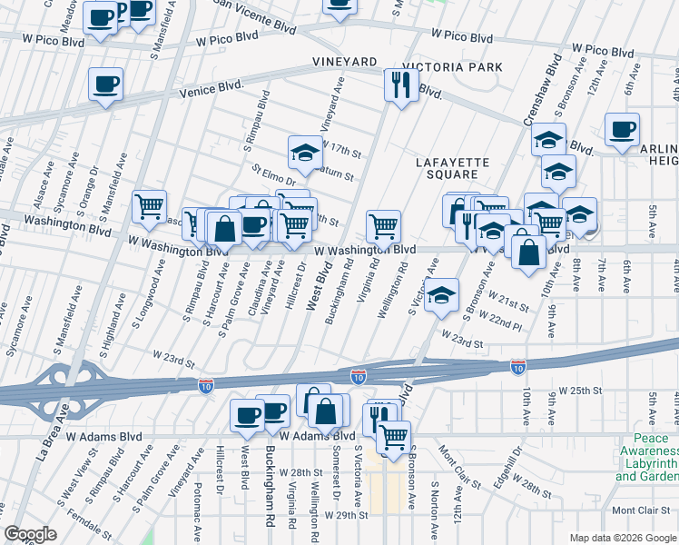 map of restaurants, bars, coffee shops, grocery stores, and more near 1931 Buckingham Road in Los Angeles