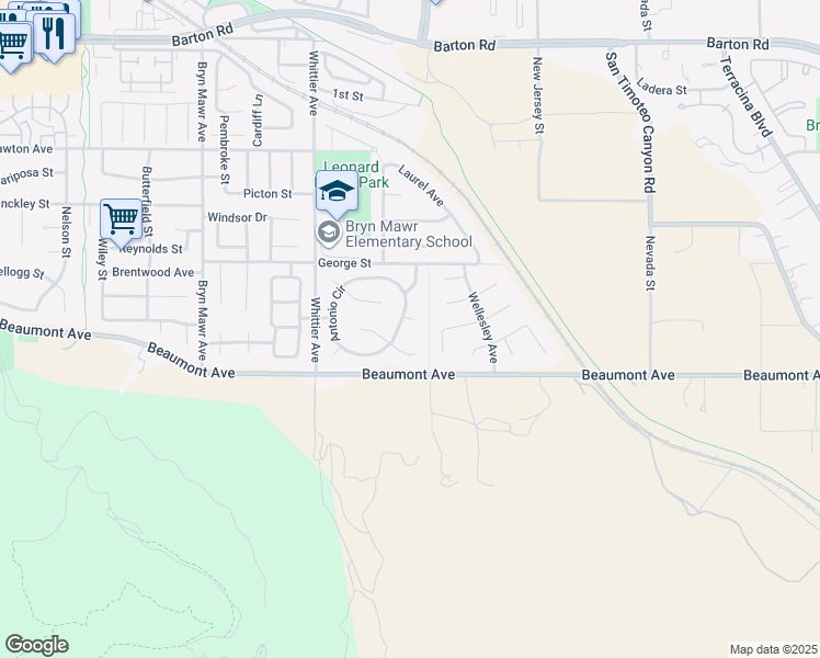 map of restaurants, bars, coffee shops, grocery stores, and more near 26480 Veronica Court in Loma Linda