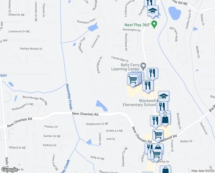 map of restaurants, bars, coffee shops, grocery stores, and more near 3477 Chastain Glen Lane Northeast in Marietta