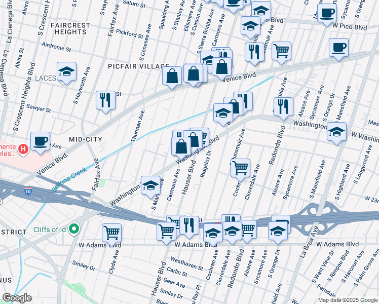 map of restaurants, bars, coffee shops, grocery stores, and more near 1943 Hauser Boulevard in Los Angeles