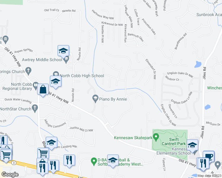 map of restaurants, bars, coffee shops, grocery stores, and more near 3032 Donamire Court Northwest in Kennesaw