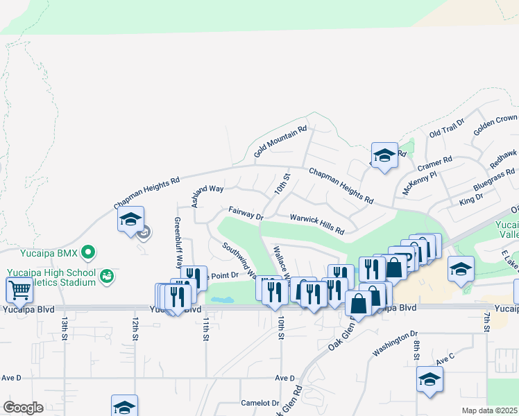 map of restaurants, bars, coffee shops, grocery stores, and more near 11819 La Costa Court in Yucaipa