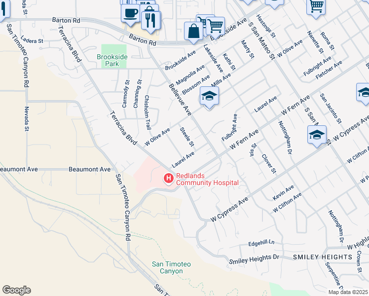 map of restaurants, bars, coffee shops, grocery stores, and more near 1618 Laurel Avenue in Redlands