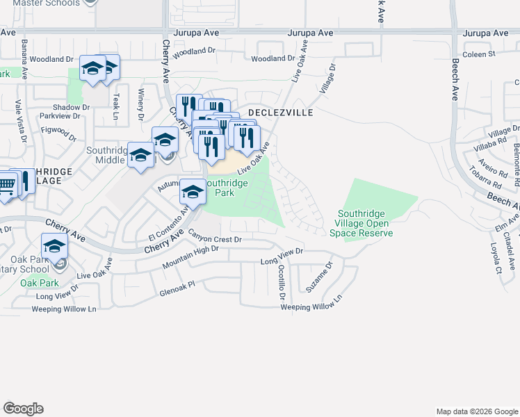 map of restaurants, bars, coffee shops, grocery stores, and more near 11804 Bronze Ln in Fontana
