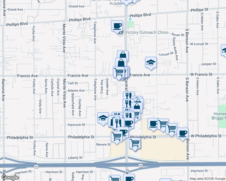 map of restaurants, bars, coffee shops, grocery stores, and more near 11838 Central Avenue in Chino