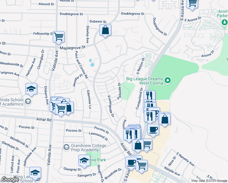 map of restaurants, bars, coffee shops, grocery stores, and more near 1358 Peppertree Circle in West Covina