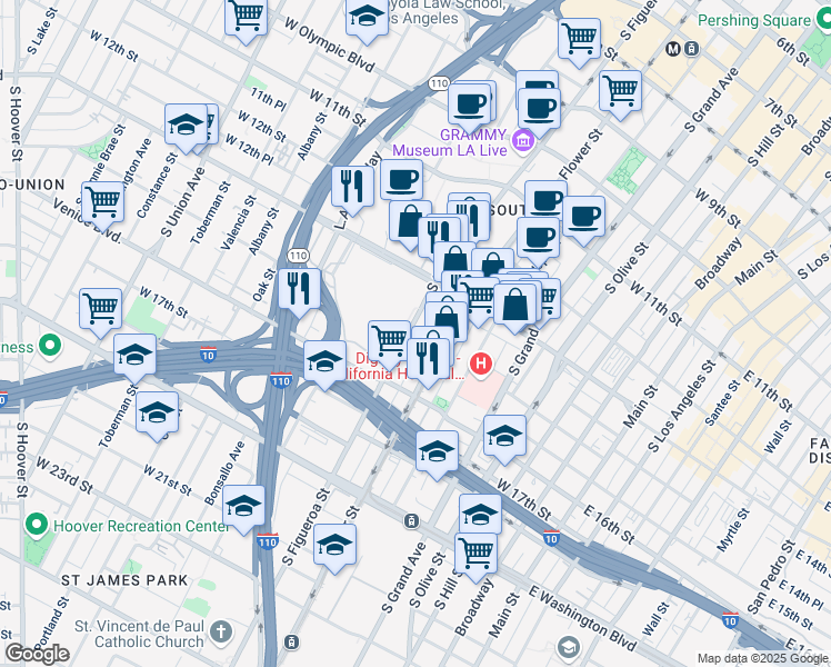 map of restaurants, bars, coffee shops, grocery stores, and more near 1362-1458 South Figueroa Street in Los Angeles