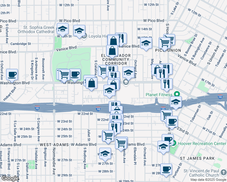map of restaurants, bars, coffee shops, grocery stores, and more near 1909 Vermont Avenue in Los Angeles