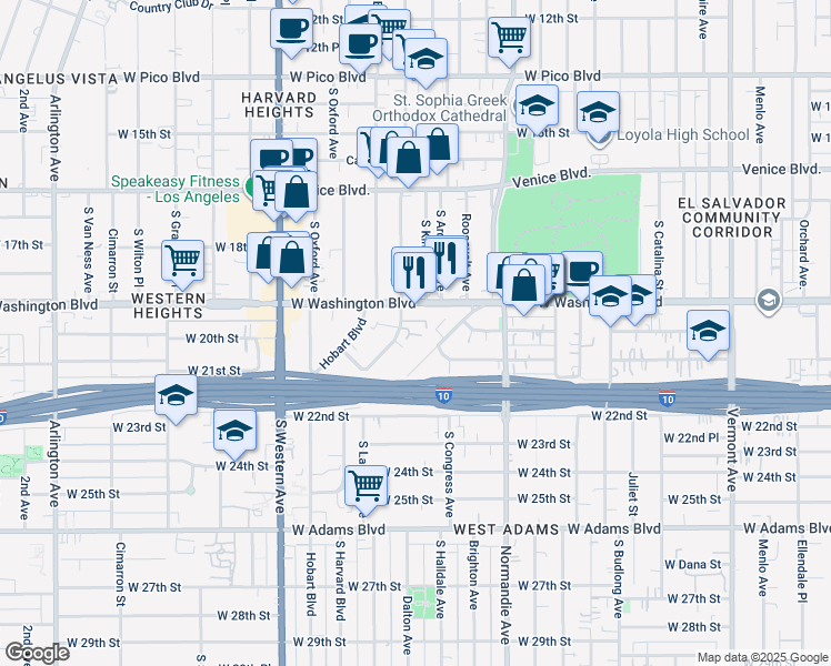 map of restaurants, bars, coffee shops, grocery stores, and more near 2012 West Washington Boulevard in Los Angeles