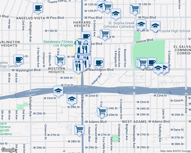 map of restaurants, bars, coffee shops, grocery stores, and more near 2110 West Washington Boulevard in Los Angeles