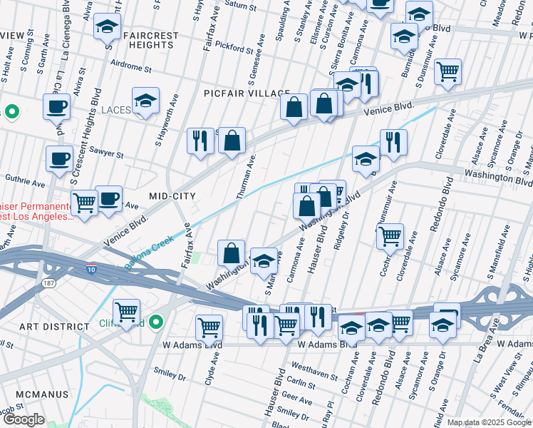 map of restaurants, bars, coffee shops, grocery stores, and more near 2023 South Curson Avenue in Los Angeles