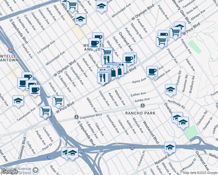 map of restaurants, bars, coffee shops, grocery stores, and more near in Los Angeles