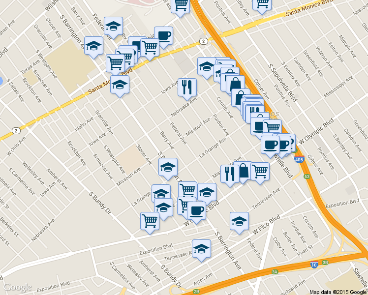 map of restaurants, bars, coffee shops, grocery stores, and more near 1912 Federal Avenue in Los Angeles