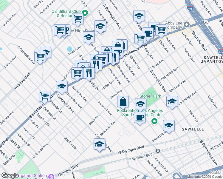 map of restaurants, bars, coffee shops, grocery stores, and more near 1606 Brockton Avenue in Los Angeles