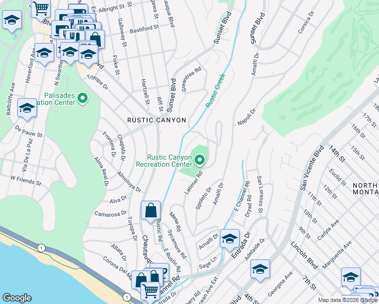 map of restaurants, bars, coffee shops, grocery stores, and more near 640 Hightree Road in Santa Monica