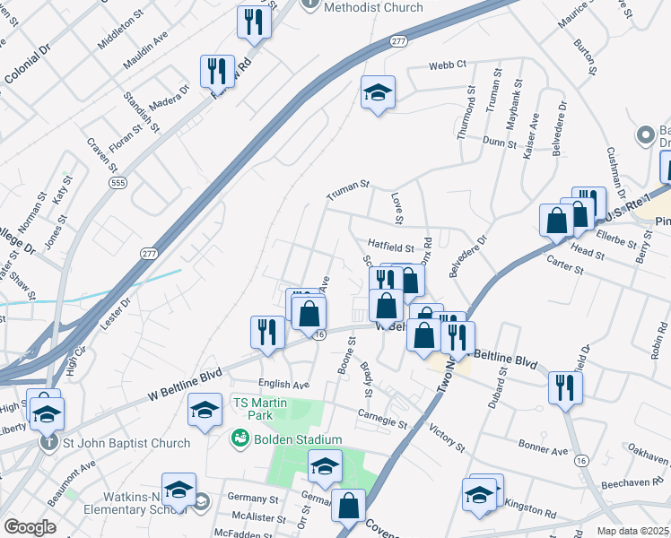 map of restaurants, bars, coffee shops, grocery stores, and more near 3118 Scurry Street in Columbia