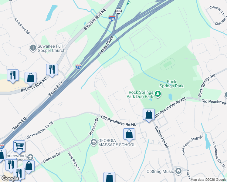 map of restaurants, bars, coffee shops, grocery stores, and more near 3110 Ridge Oak Drive in Suwanee
