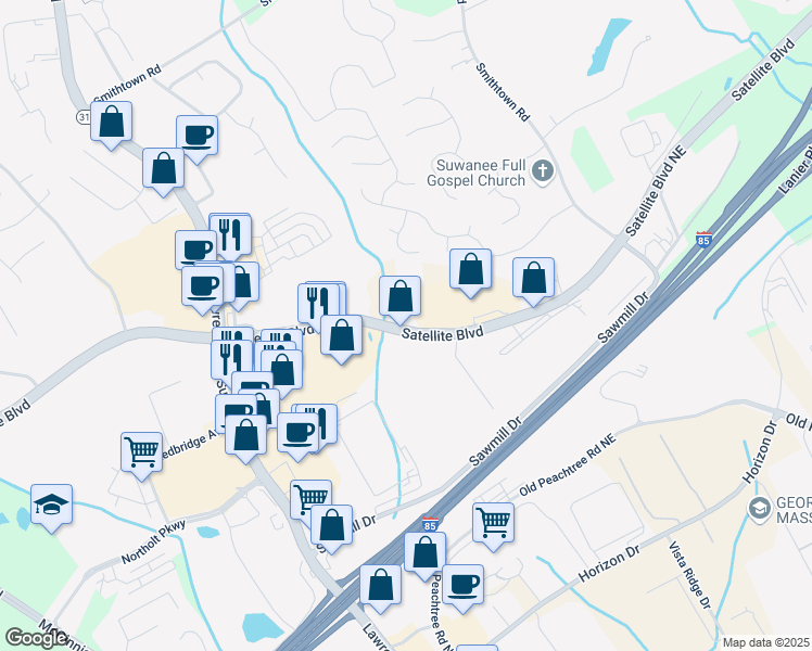 map of restaurants, bars, coffee shops, grocery stores, and more near 200 Satellite Boulevard Northeast in Suwanee