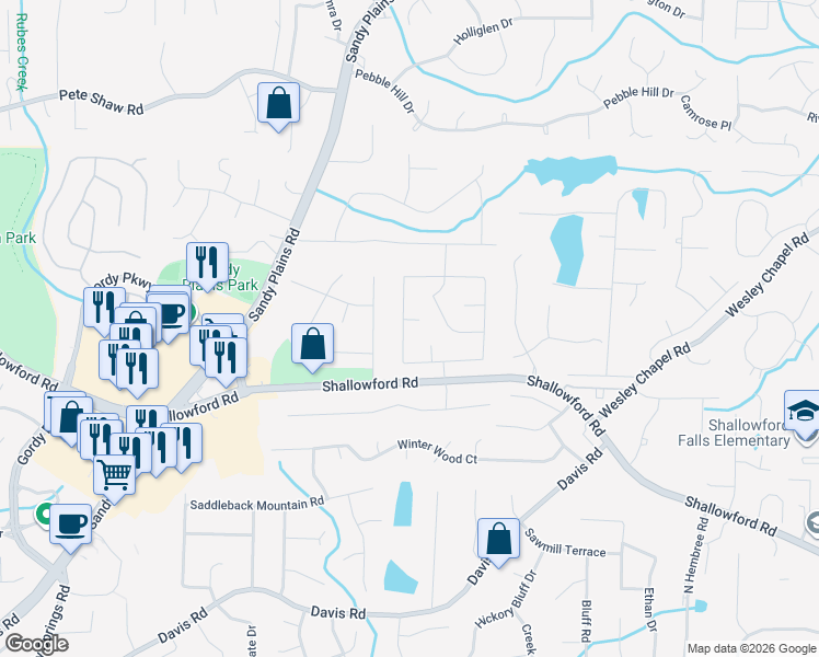 map of restaurants, bars, coffee shops, grocery stores, and more near 3421 Woodrun Trail Northeast in Marietta