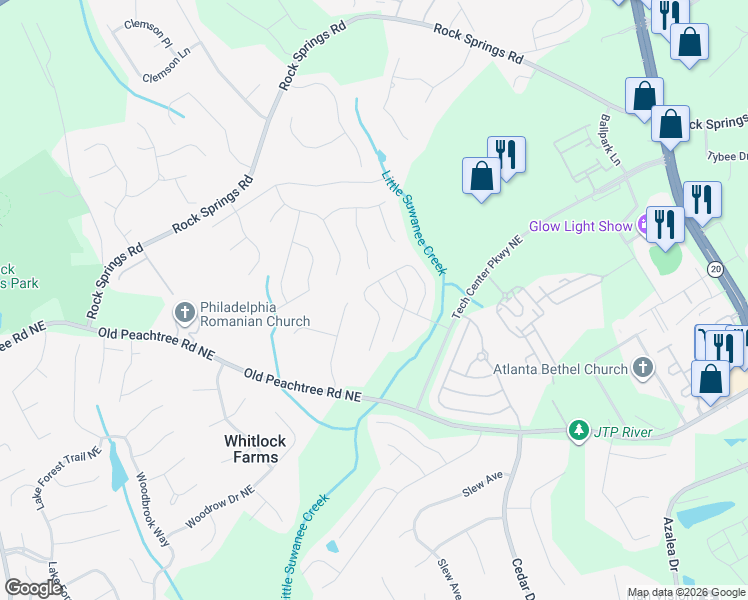 map of restaurants, bars, coffee shops, grocery stores, and more near 2615 Pierce Brennen Court Northeast in Lawrenceville