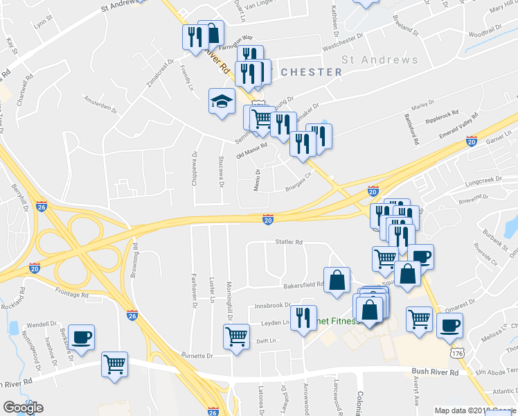 map of restaurants, bars, coffee shops, grocery stores, and more near 717 Old Manor Road in Columbia