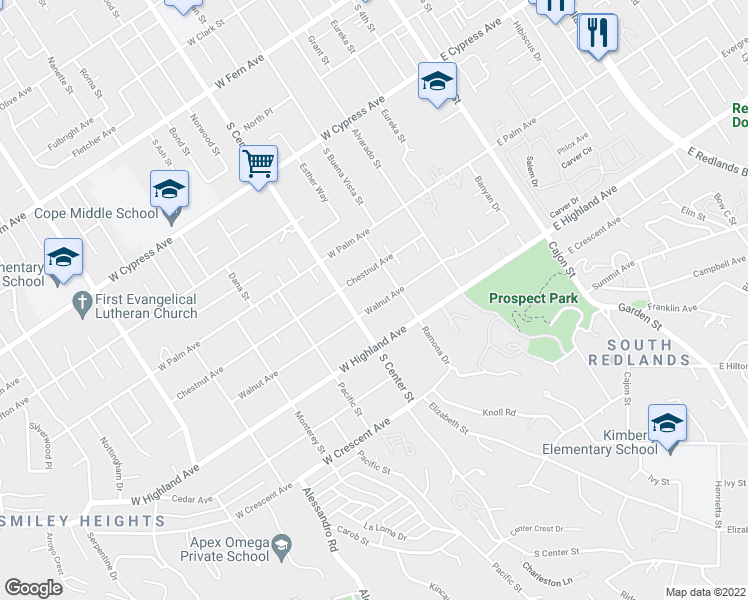 map of restaurants, bars, coffee shops, grocery stores, and more near 632 Walnut Avenue in Redlands