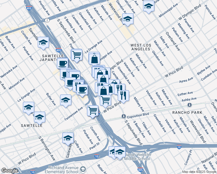 map of restaurants, bars, coffee shops, grocery stores, and more near 2226 South Sepulveda Boulevard in Los Angeles