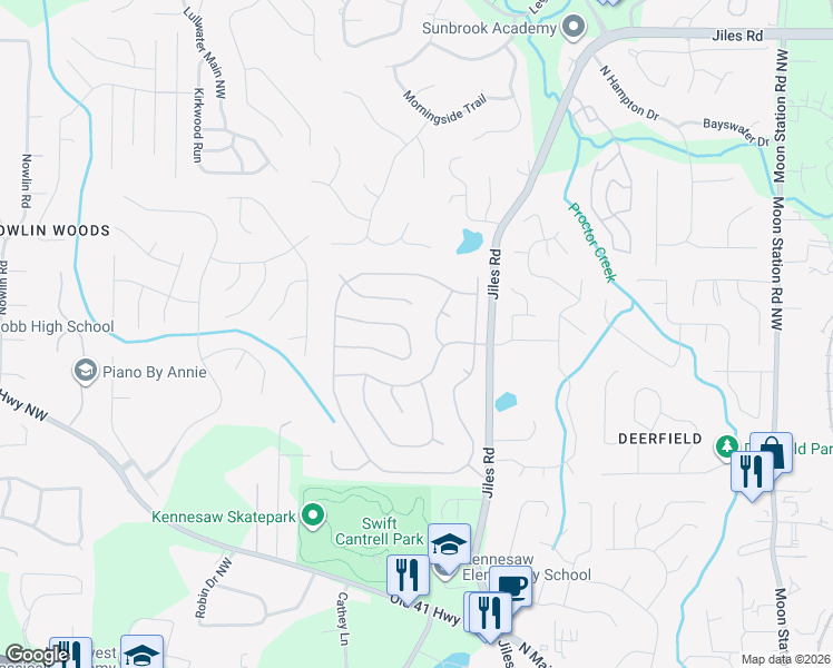 map of restaurants, bars, coffee shops, grocery stores, and more near 2855 Cressington Bend Northwest in Kennesaw