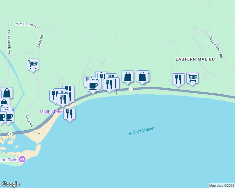 map of restaurants, bars, coffee shops, grocery stores, and more near 22677 California 1 in Malibu