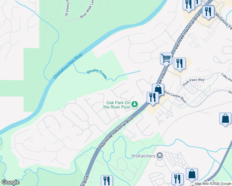 map of restaurants, bars, coffee shops, grocery stores, and more near 4065 Oak Park Drive in Suwanee