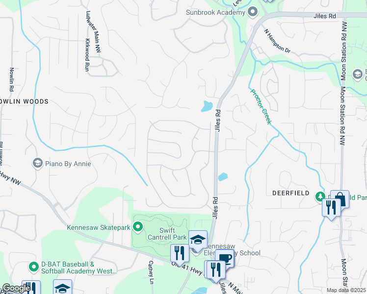 map of restaurants, bars, coffee shops, grocery stores, and more near 2855 Cressington Bend Northwest in Kennesaw