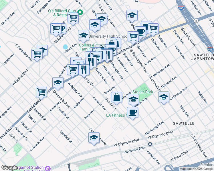 map of restaurants, bars, coffee shops, grocery stores, and more near 1623 Brockton Avenue in Los Angeles