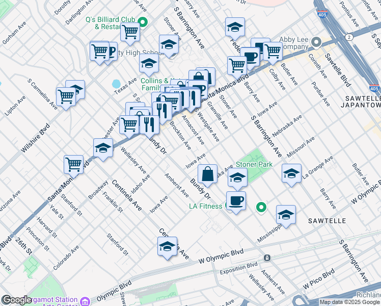 map of restaurants, bars, coffee shops, grocery stores, and more near 1623 Brockton Avenue in Los Angeles