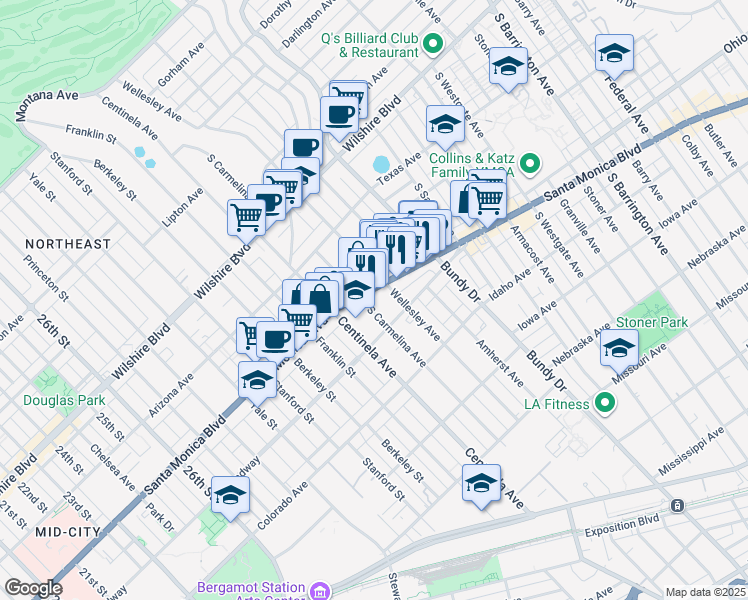 map of restaurants, bars, coffee shops, grocery stores, and more near in Los Angeles