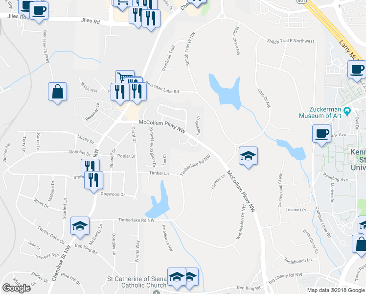 map of restaurants, bars, coffee shops, grocery stores, and more near 3 Fairway Drive Northwest in Kennesaw