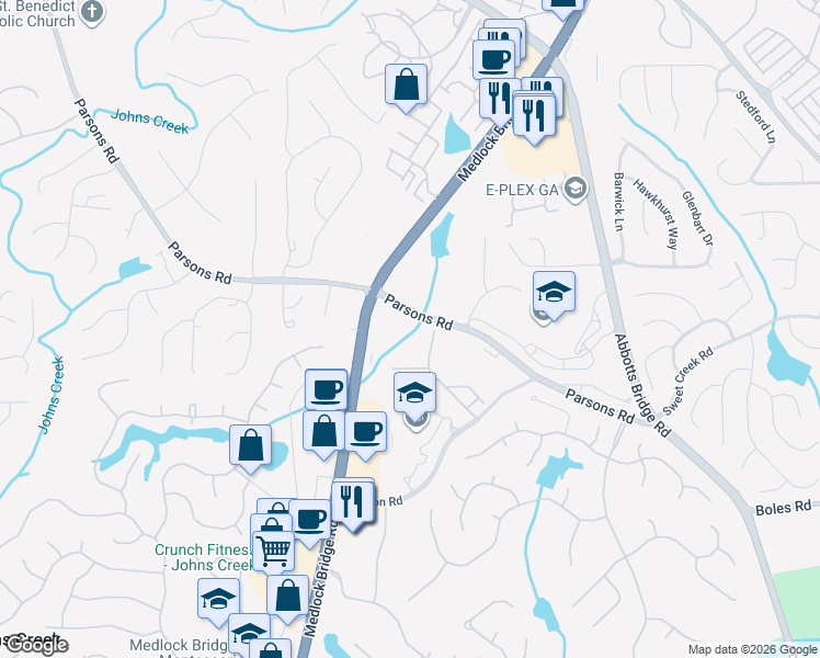 map of restaurants, bars, coffee shops, grocery stores, and more near 10610 Parsons Road in Duluth