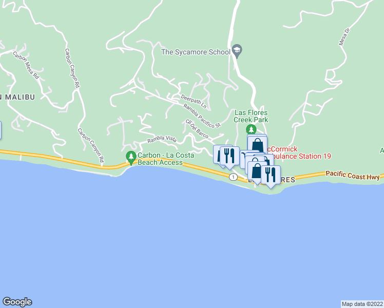 map of restaurants, bars, coffee shops, grocery stores, and more near 21476 Paseo Portola Street in Malibu