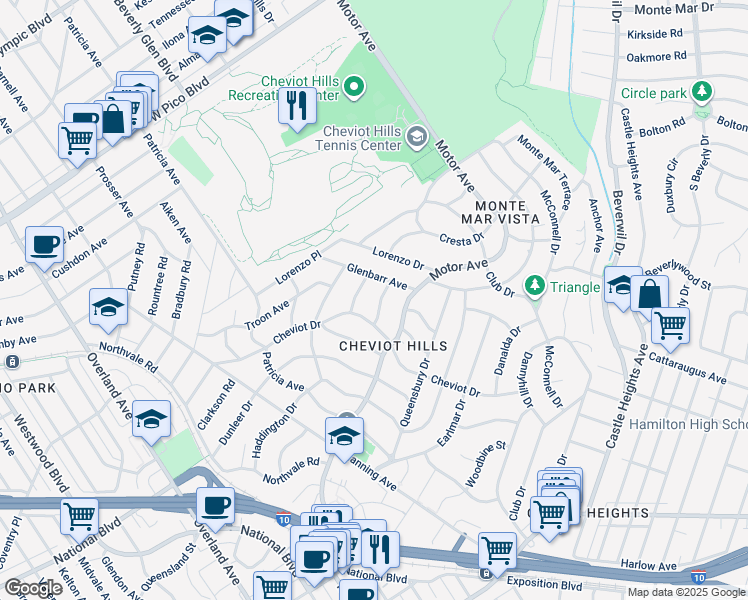 map of restaurants, bars, coffee shops, grocery stores, and more near 2929 Wicklow Road in Los Angeles