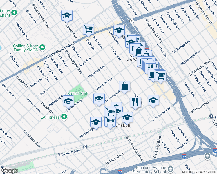 map of restaurants, bars, coffee shops, grocery stores, and more near 1921 Federal Avenue in Los Angeles