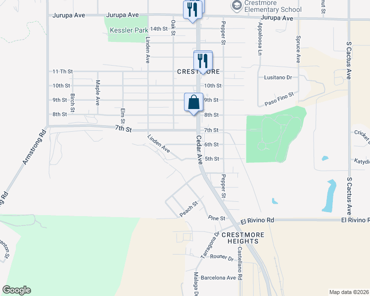 map of restaurants, bars, coffee shops, grocery stores, and more near 18650 6th Street in Bloomington