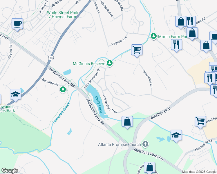 map of restaurants, bars, coffee shops, grocery stores, and more near 3390 Lake McGinnis Drive in Suwanee