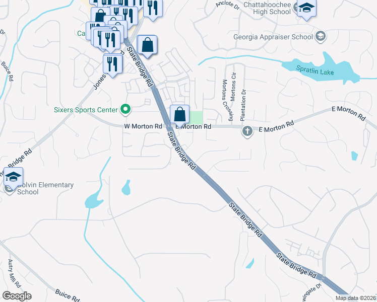 map of restaurants, bars, coffee shops, grocery stores, and more near 10603 Naramore Lane in Alpharetta
