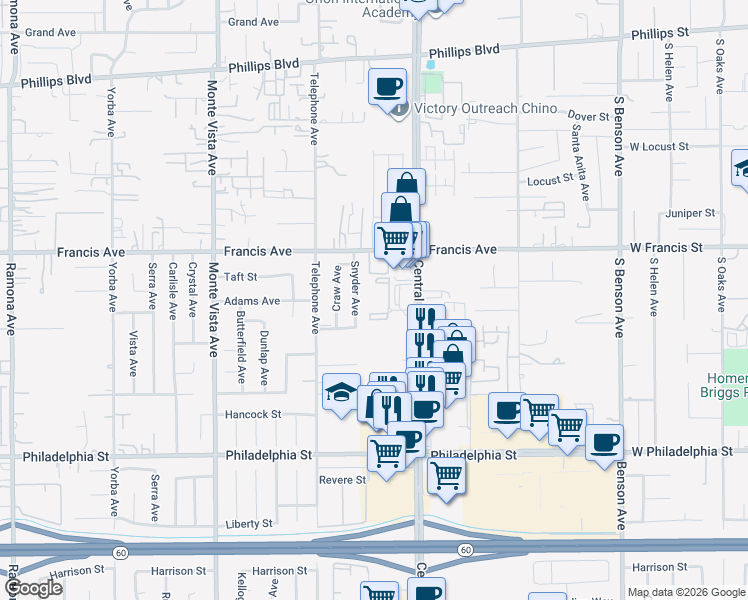 map of restaurants, bars, coffee shops, grocery stores, and more near 11838 Central Avenue in Chino