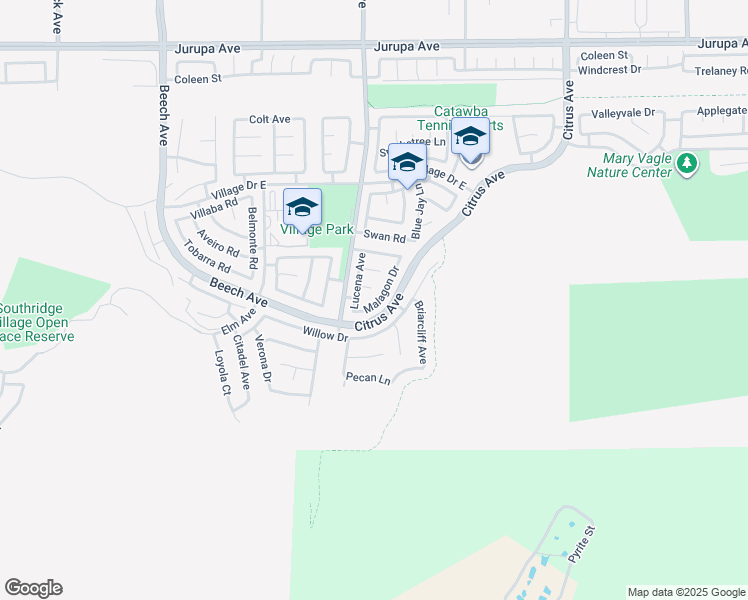 map of restaurants, bars, coffee shops, grocery stores, and more near 11732 Malagon Drive in Fontana
