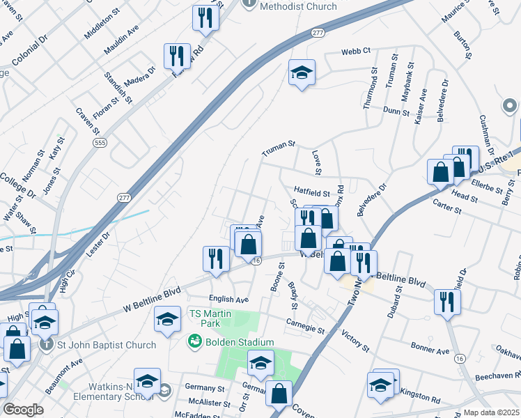 map of restaurants, bars, coffee shops, grocery stores, and more near 3013 English Avenue in Columbia