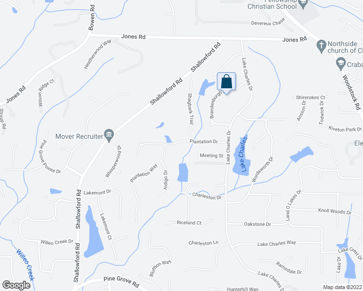 map of restaurants, bars, coffee shops, grocery stores, and more near 5850 Plantation Drive in Roswell