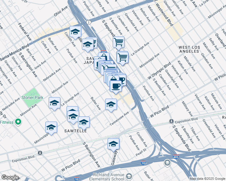 map of restaurants, bars, coffee shops, grocery stores, and more near 11315 Mississippi Avenue in Los Angeles