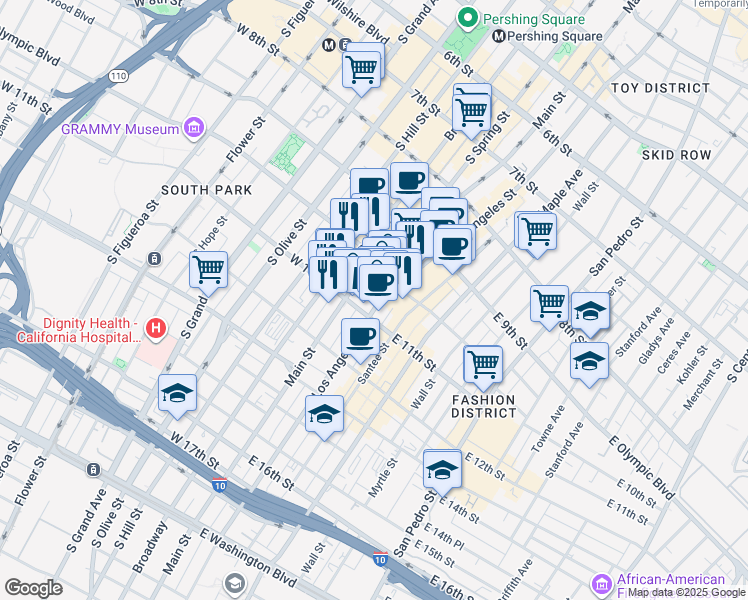 map of restaurants, bars, coffee shops, grocery stores, and more near 1027 South Los Angeles Street in Los Angeles