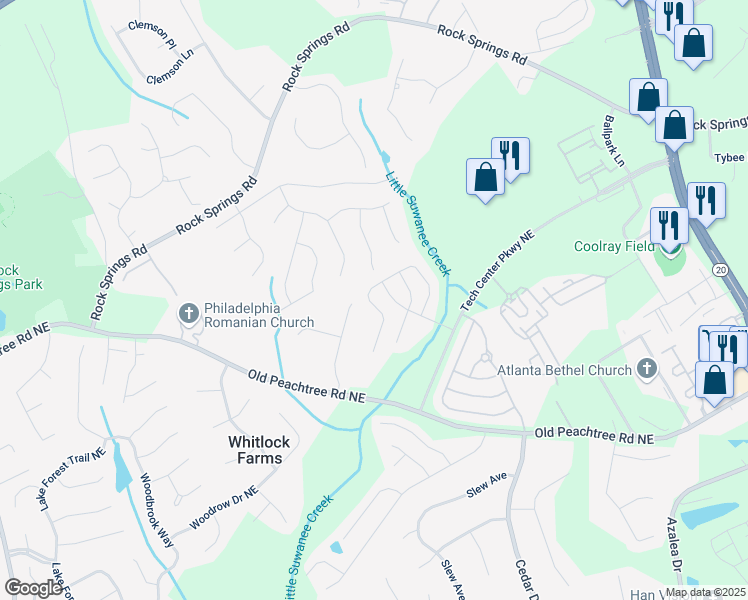 map of restaurants, bars, coffee shops, grocery stores, and more near 2629 Pierce Brennen Court Northeast in Lawrenceville